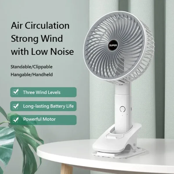 Portable Rechargeable Table Fan 3 Speeds Adjustable Clip-on Table Standing Desktop And Wall handheld Fan - Image 5